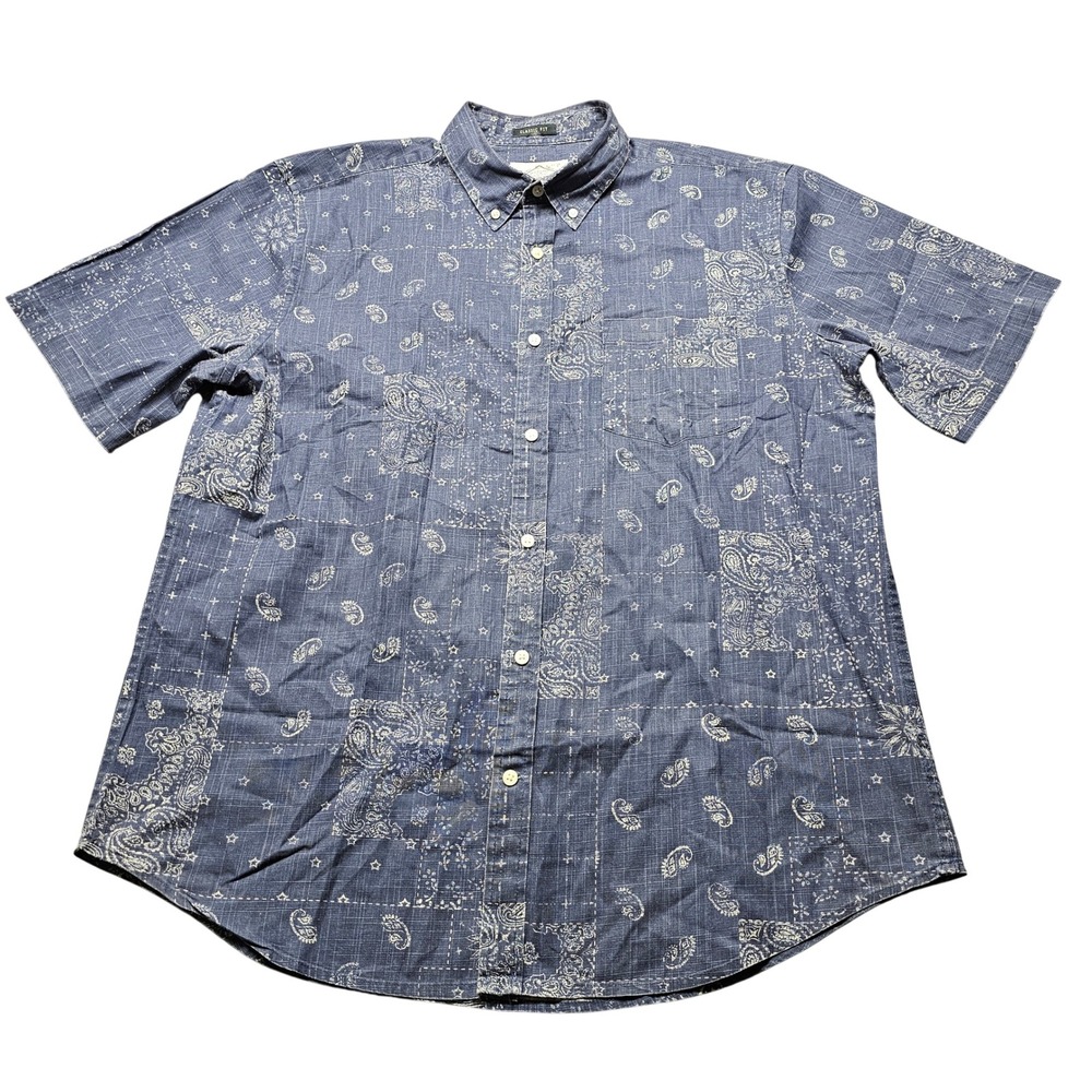 St. John's Bay Paisley Patchwork Button Down Shirt Mens L Blue Cotton Casual